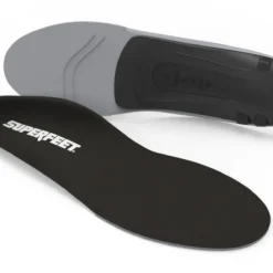 View1_All-Purpose_Support_Low-Arch_2731x1667_752ce1e9-4eb2-4c9e-98b4-24dada7fe0c3 - Horizon Industries Black Superfeet insole with gray underside, designed to provide arch support and enhanced foot comfort in footwear.