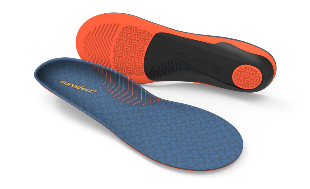 View1_Work_Cushion_2731x1667_1f179240-e5a3-44e3-9ef5-96df11e00650 - Horizon Industries Blue Superfeet insole with orange underside, showing tread pattern for cushioning and arch support.