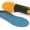 View1_Work_SlimFit_Cushion_2731x1667_f3589ef8-537f-4554-8b73-a87476c604b5 - Horizon Industries Top view of a blue patterned shoe insole with a geometric texture; an orange and black outsole is visible beneath.
