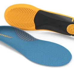View1_Work_SlimFit_Cushion_2731x1667_f3589ef8-537f-4554-8b73-a87476c604b5 - Horizon Industries Top view of a blue patterned shoe insole with a geometric texture; an orange and black outsole is visible beneath.