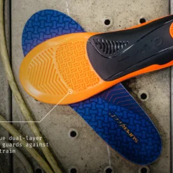 View2_Work_Cushion_2731x1667_4b3f00b4-475f-46ba-94eb-0356308e4472 - Horizon Industries Close-up of orange and blue cushioned shoe insoles with a label reading 'Anti-fatigue dual-layer cushioning guards against stress & strain' pointing to the sole area.