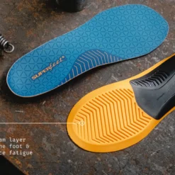 Two shoe insoles: a blue patterned top insole and an orange bottom insole on a rough surface; notes a premium foam layer that cushions the foot and reduces fatigue.