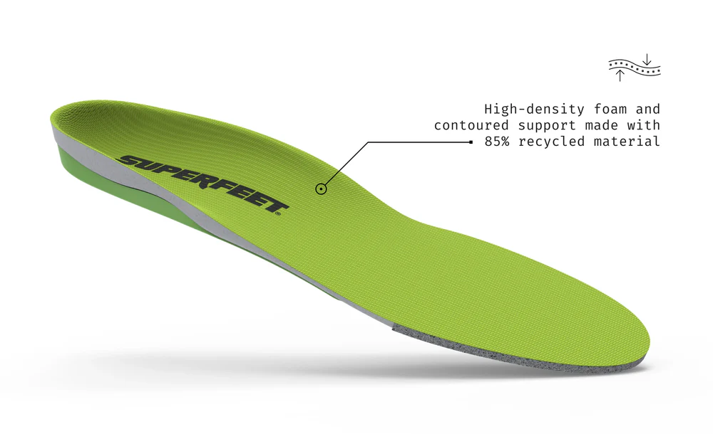 View3_All-Purpose_Support_High-Arch_2731x1667_90b932d6-3113-4011-b1f6-4535ca24a71f - Horizon Industries Green Superfeet insole with contoured heel and arch support, made from high-density foam and 85% recycled material.