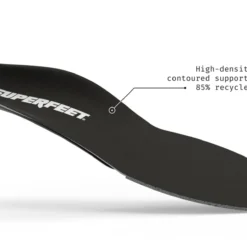 View3_All-Purpose_Support_Low-Arch_2731x1667_b91ea24b-6a3c-456a-a71d-25f8bd4a5690 - Horizon Industries Superfeet black insole with high-density foam and contoured support made from 85% recycled material (diagram annotation)
