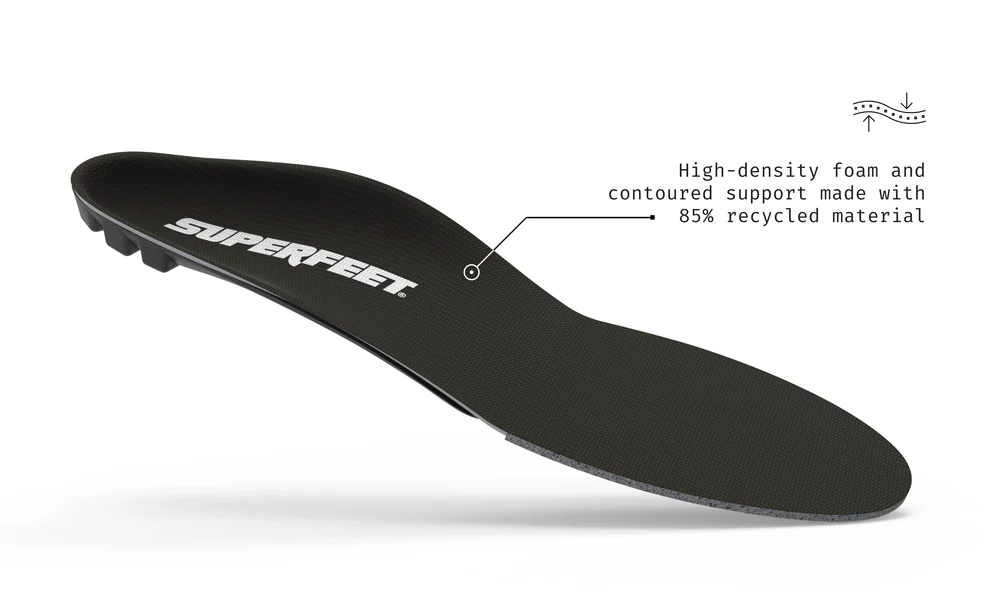 View3_All-Purpose_Support_Low-Arch_2731x1667_b91ea24b-6a3c-456a-a71d-25f8bd4a5690 - Horizon Industries Superfeet black insole with high-density foam and contoured support made from 85% recycled material (diagram annotation)
