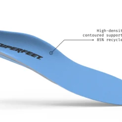 View3_All-Purpose_Support_Medium-Arch_2731x1667_4e9a6b60-5540-4ac5-8fca-90e010dbb3e7 - Horizon Industries Blue textured shoe insole with 'SUPERFEET' branding; callout notes high-density foam made from 85% recycled material.