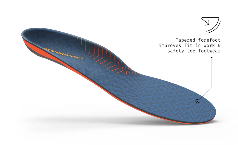 View3_Work_Cushion_2731x1667_87bd5c00-d2de-4aa6-9a45-b1ecc9ca9baf - Horizon Industries Blue textured insole with orange edge, showing a tapered forefoot to improve fit in work footwear.