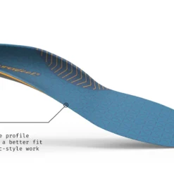 Blue textured insole with a slim profile designed for a better fit in athletic-style work footwear (Superfeet branding)