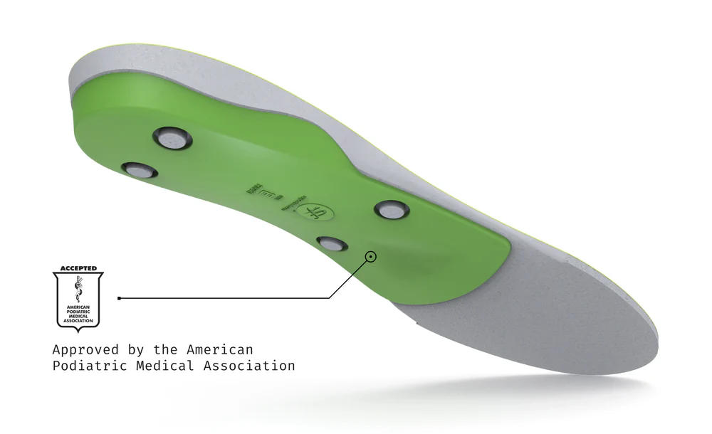 View4_All-Purpose_Support_High-Arch_2731x1667_37b2fa15-7f3e-4953-8ff5-2c0907e398f7 - Horizon Industries Orthotic shoe insole in green and gray with an APMA approval seal visible.