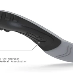 View4_All-Purpose_Support_Low-Arch_2731x1667_5e646fe9-47dd-4084-aa86-4a578d9272df - Horizon Industries Insole with a black top layer and gray bottom, showing the APMA approval seal and the text ‘Approved by the American Podiatric Medical Association’.