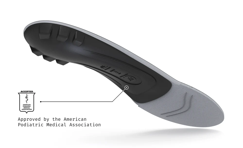 View4_All-Purpose_Support_Low-Arch_2731x1667_5e646fe9-47dd-4084-aa86-4a578d9272df - Horizon Industries Insole with a black top layer and gray bottom, showing the APMA approval seal and the text ‘Approved by the American Podiatric Medical Association’.