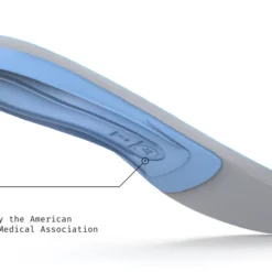 View4_All-Purpose_Support_Medium-Arch_2731x1667_95cf3709-6750-4972-a044-4c251f81a1d5 - Horizon Industries Blue medical foot insole/orthotic with APMA approval seal and label, shown from a side angle on a white background.