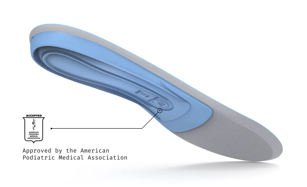 View4_All-Purpose_Support_Medium-Arch_2731x1667_95cf3709-6750-4972-a044-4c251f81a1d5 - Horizon Industries Blue medical foot insole/orthotic with APMA approval seal and label, shown from a side angle on a white background.
