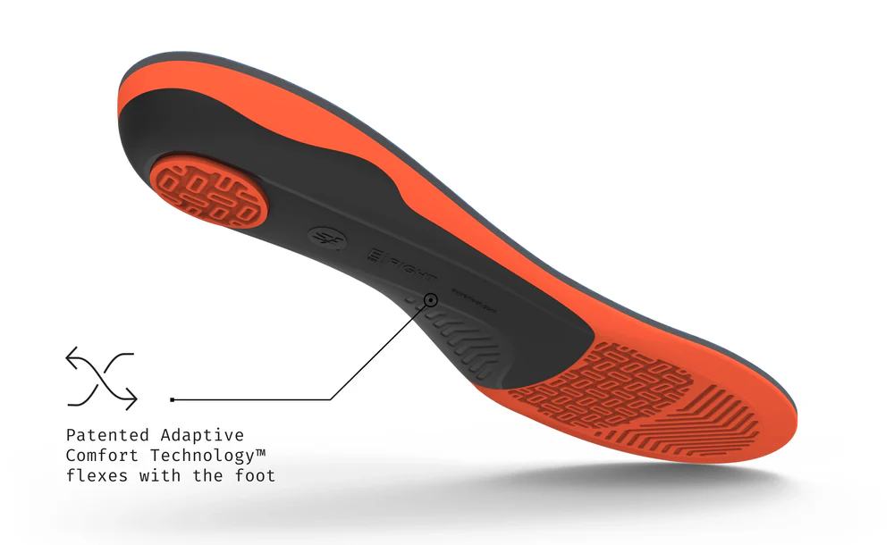 View4_Work_Cushion_2731x1667_8accd4b7-d5c2-450c-b993-f57d130597d1 - Horizon Industries Shoe sole with orange and black colors, highlighting patented adaptive comfort technology that flexes with the foot