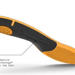 Orange and black athletic shoe sole showing patented adaptive comfort technology that flexes with the foot.