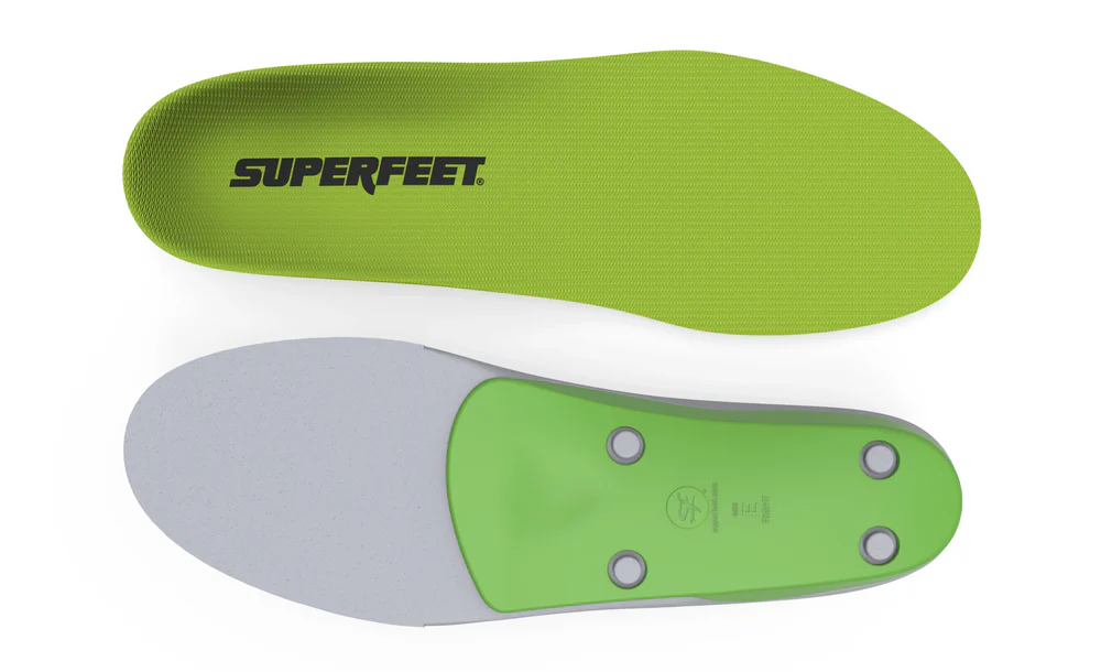 View5_All-Purpose_Support_High-Arch_2731x1667_42c46c2b-b276-4a3f-a1da-a54d374015ab - Horizon Industries Lime-green Superfeet insole shown from top, with textured surface and logo visible, designed for arch support and comfort.