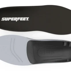 View5_All-Purpose_Support_Low-Arch_2731x1667_55fad351-79a3-4ddf-a90f-75e1ca55f1b8 - Horizon Industries Top and bottom views of a black Superfeet insole; top surface is smooth black, bottom is grey with a heel cup and arch support structure.