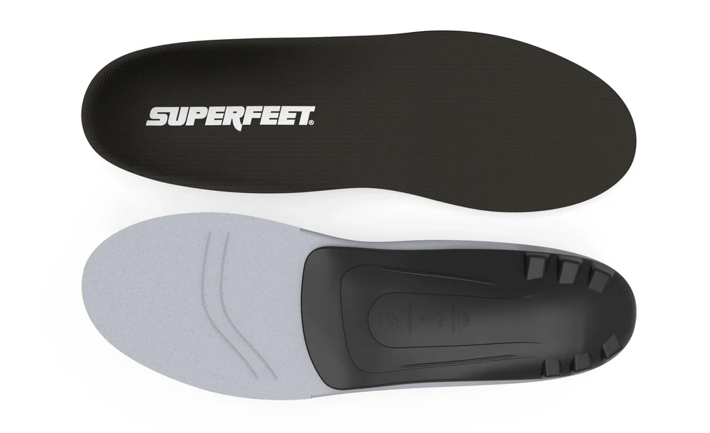 View5_All-Purpose_Support_Low-Arch_2731x1667_55fad351-79a3-4ddf-a90f-75e1ca55f1b8 - Horizon Industries Top and bottom views of a black Superfeet insole; top surface is smooth black, bottom is grey with a heel cup and arch support structure.