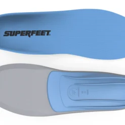 View5_All-Purpose_Support_Medium-Arch_2731x1667_5e1a9992-f9f6-4feb-909e-aa25ef9f115b - Horizon Industries Top view of a blue Superfeet insole with a textured surface and logo, shown above a gray and blue orthopedic insert