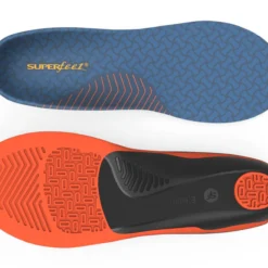 View5_Work_Cushion_2731x1667_a4ef8c8b-53da-413d-9b60-61da940b2aea - Horizon Industries Two Athletic Insoles shown from top and bottom: blue patterned top with SUPERfeet logo and orange bottom with tread and heel pad, viewable side-by-side.