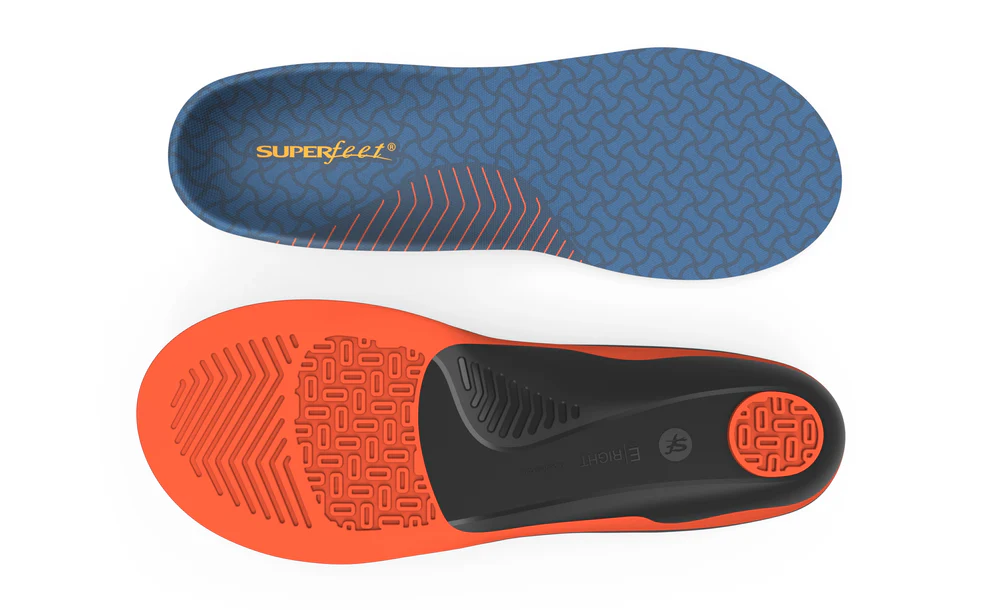 View5_Work_Cushion_2731x1667_a4ef8c8b-53da-413d-9b60-61da940b2aea - Horizon Industries Two Athletic Insoles shown from top and bottom: blue patterned top with SUPERfeet logo and orange bottom with tread and heel pad, viewable side-by-side.