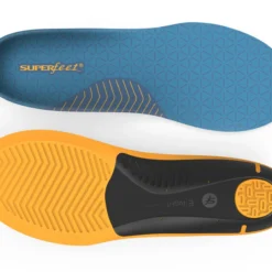 Pair of blue and orange athletic shoe insoles with patterned tread and SUPERfeet branding on the blue sole.
