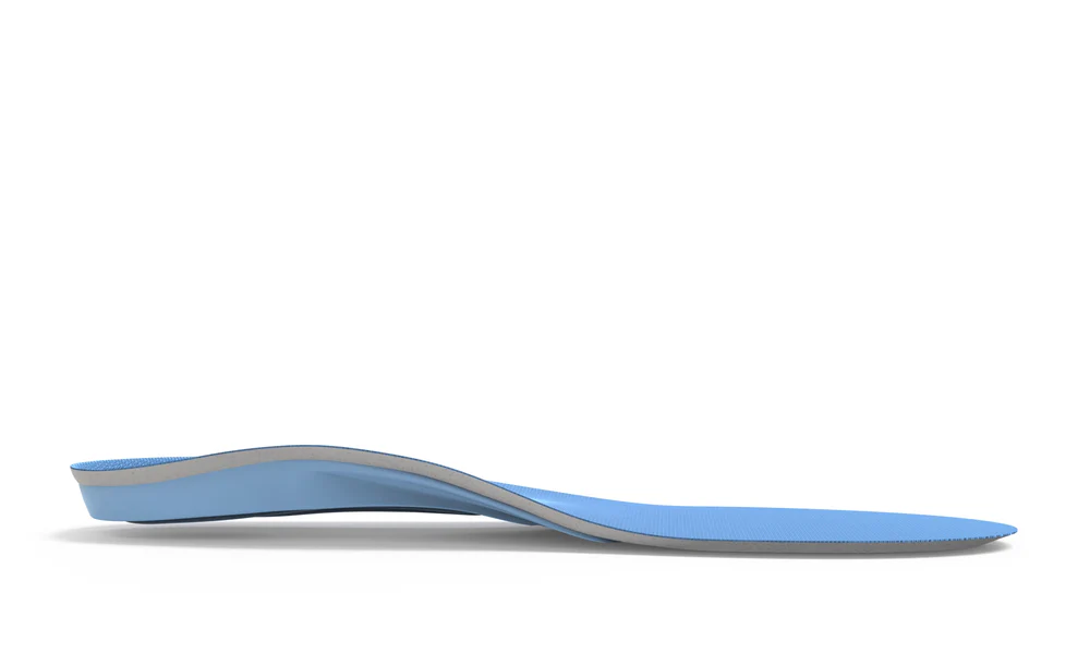 View6_All-Purpose_Support_Medium-Arch_2731x1667_0e8414a2-ac0d-4e35-9a14-9b5d53eaf39c - Horizon Industries Blue athletic shoe insole with a gray underside, viewed from the side showing arch support and contouring.