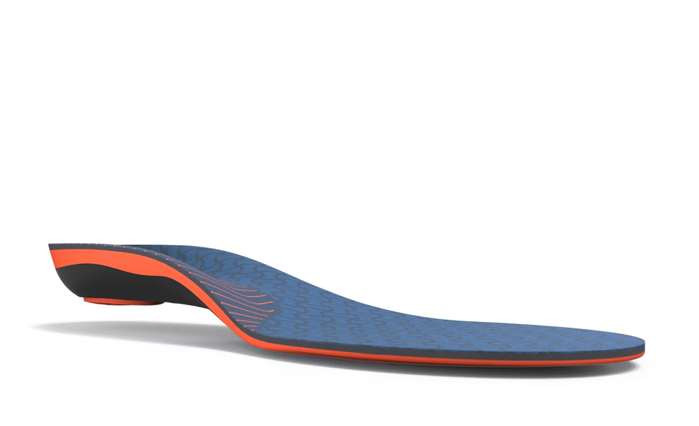 View6_Work_Cushion_2731x1667_fefc29ad-b0c8-4467-b223-31777e824a02 - Horizon Industries Blue athletic shoe insole with orange edge, contoured heel support and grip texture for stability